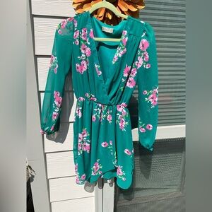 Altar'd State Teal Floral Trim Wrap Dress with Pink and Green Accents Size S